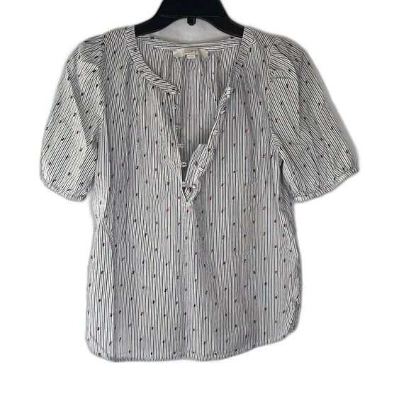 LOFT Short Sleeve Vneck Striped & Tufted 1/2 Button Front Blouse Size XS - Picture 1 of 7